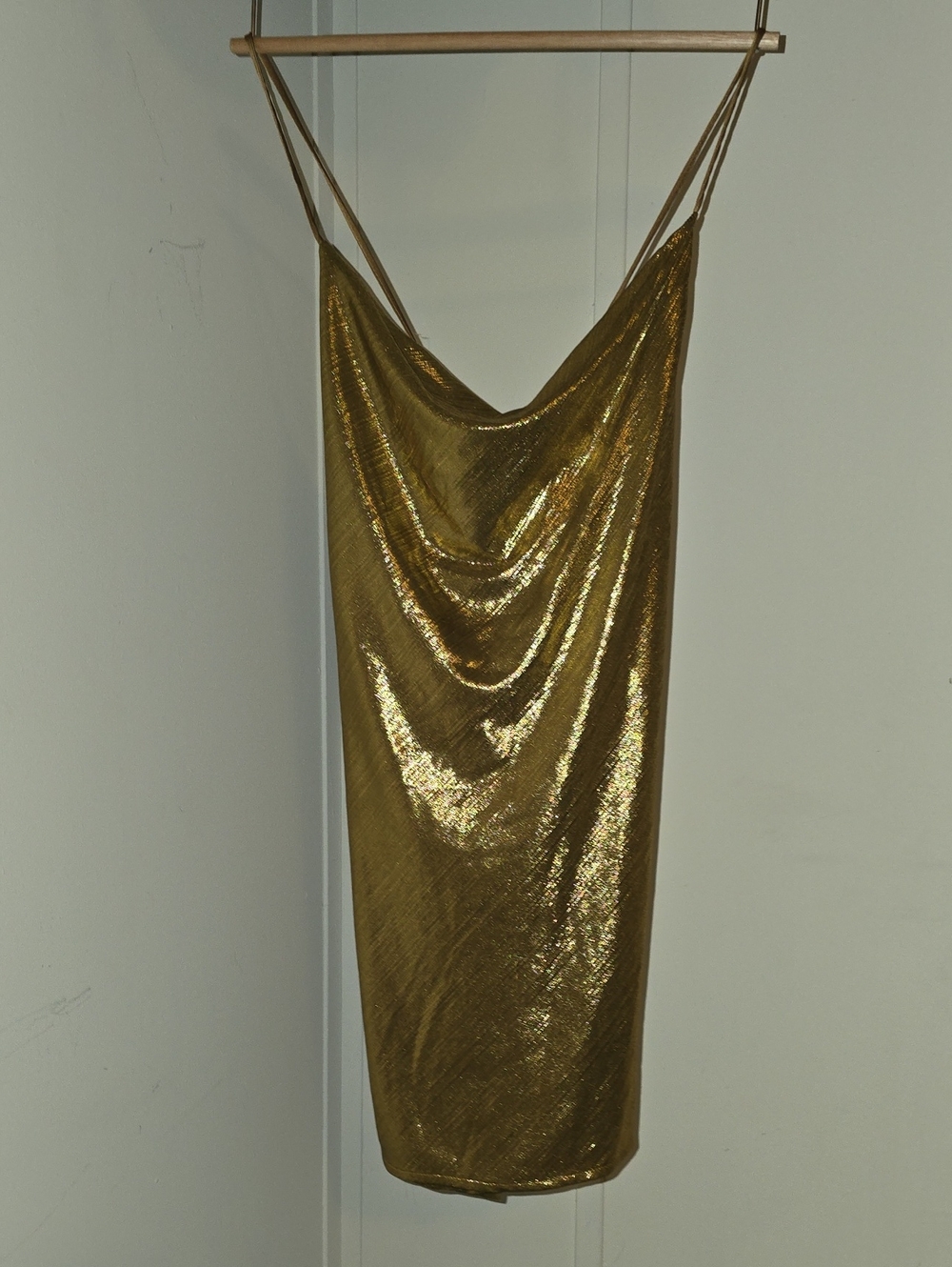 12th Tribe Shimmery Gold Cowl Midi Slip Dress